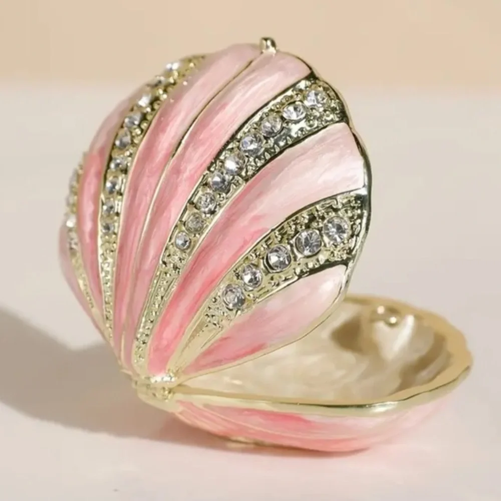 Pink Enamel Crystal Shell Jewelry Box Trinket Holder NWT